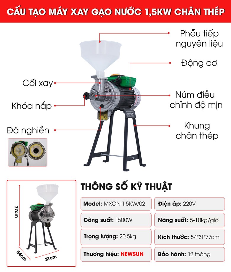 Máy xay bột gạo nước 10kg Cấu tạo và thông số kỹ thuật