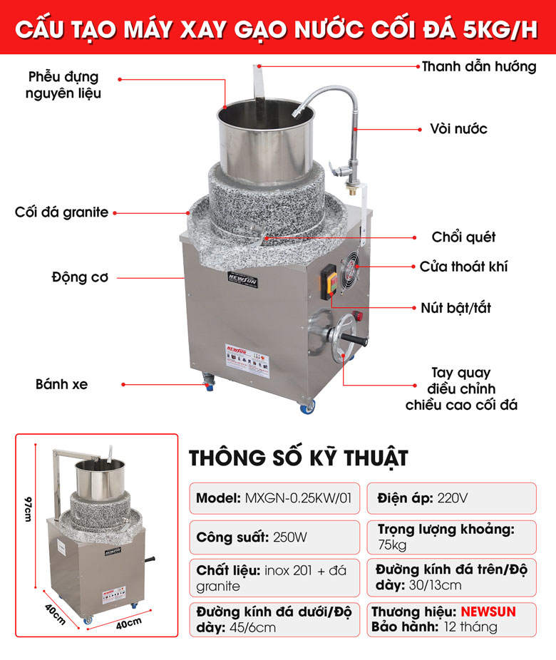 Cấu tạo và các bộ phận cua máy xay bột gạo nước 5kg