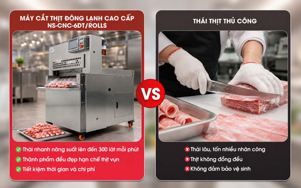 So sánh máy cắt thịt đông lạnh và máy thái thịt thủ công